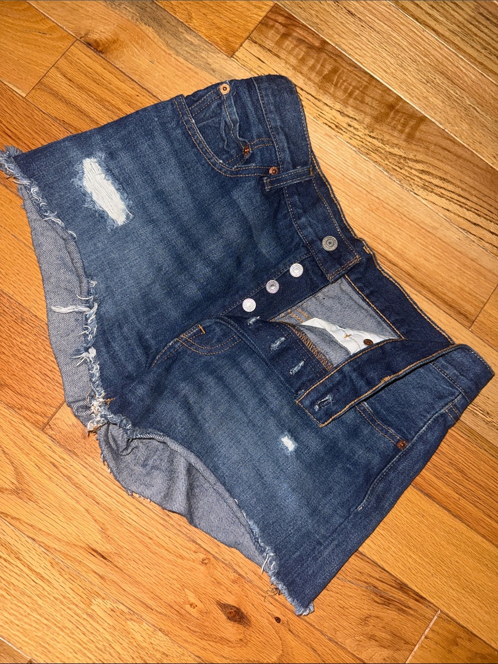 Levi's Dark Blue Distressed High-Rise Jean Shorts